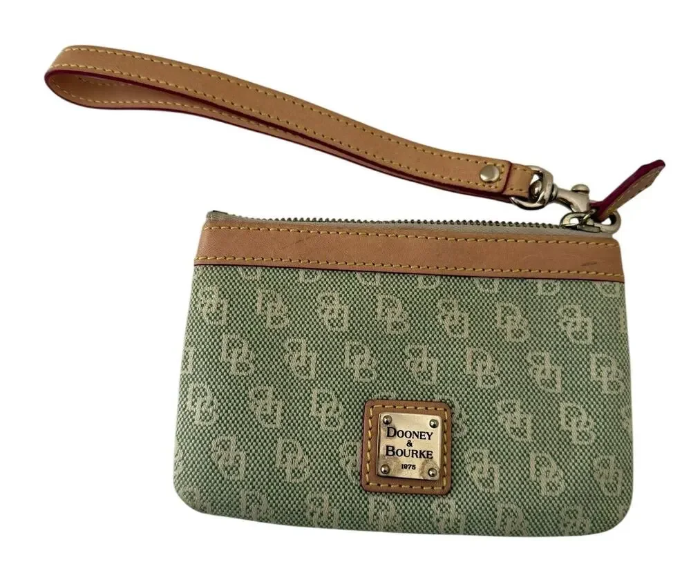 Dooney & Bourke Green Canvas Leather Wristlet Wallet Vintage Y2K Monogram